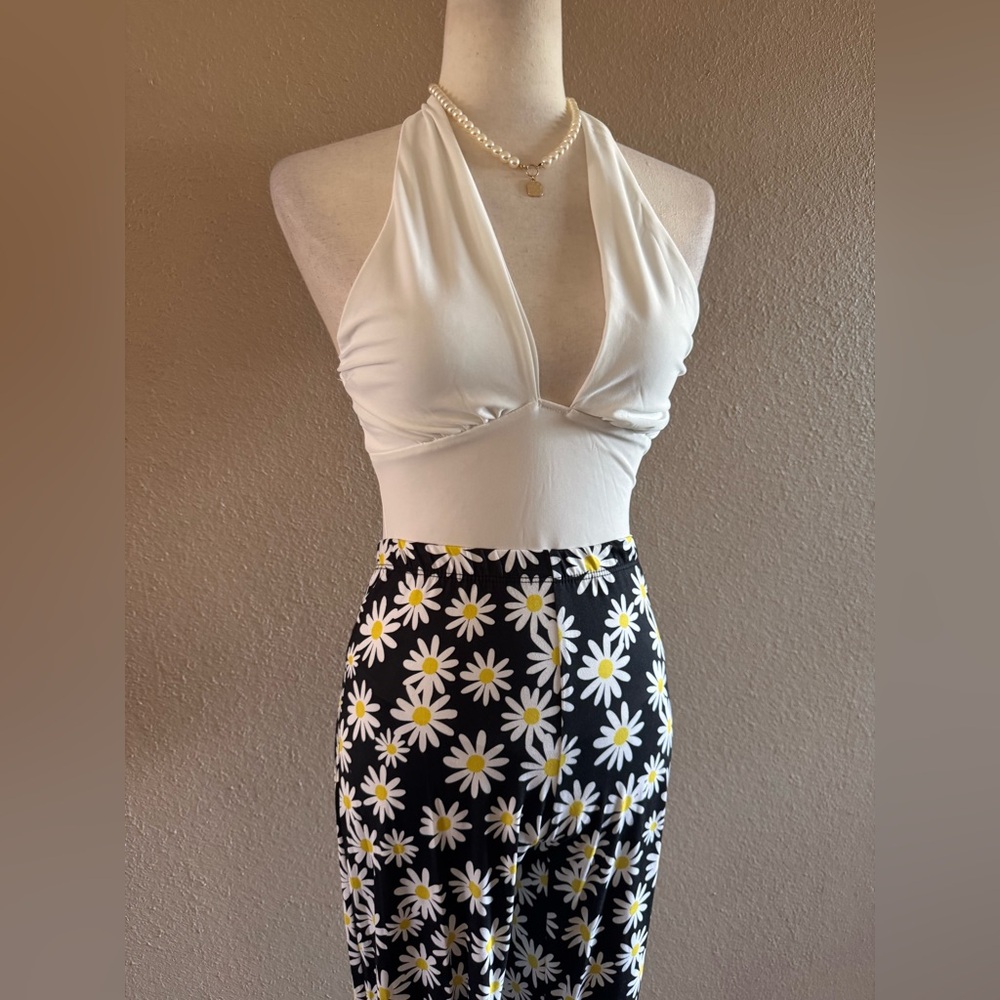 Floral Black and White Women's Bell Bottom Pants - Picture 7 of 8